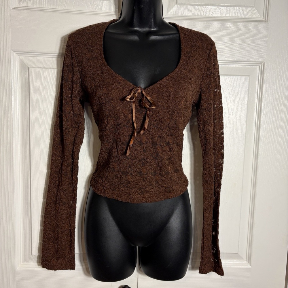Brown Y2K Babydoll Lace Shirt Women M Long Sleeve Bow Sheer Low Cut V Neck Top
